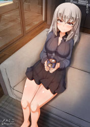 Rule 34 | 1girl, barefoot, black skirt, blue eyes, blush, breasts, cleavage, collarbone, couch, cup, feet out of frame, female focus, girls und panzer, highres, indoors, itsumi erika, kuromorimine school uniform, large breasts, looking at viewer, megadeko, miniskirt, on couch, pleated skirt, school uniform, sitting, skirt, smile, solo, white hair
