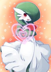 Rule 34 | 1girl, blush, creatures (company), full body, game freak, gardevoir, gen 3 pokemon, gradient background, green hair, hair over one eye, heart, heart hands, looking at viewer, nintendo, open mouth, orange background, pokemon, pokemon (creature), pokemon rse, red background, red eyes, short hair, simple background, smile, solo, standing, yu yun