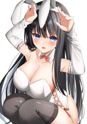 Rule 34 | 1girl, absurdres, alternate costume, animal ears, arms up, bare shoulders, black hair, black thighhighs, blue eyes, blunt bangs, blush, bow, bowtie, breasts, bright pupils, cleavage, collarbone, commentary, curvy, detached collar, detached sleeves, eyelashes, eyes visible through hair, fake animal ears, feet out of frame, frown, hair over shoulder, highres, large breasts, leotard, long hair, looking at viewer, open mouth, playboy bunny, rabbit ears, rabbit pose, red bow, red bowtie, red ribbon, ribbon, sidelocks, simple background, sleeves past wrists, solo, squatting, straight hair, strapless, strapless leotard, subarashiki hibi, takagi-18102817, takashima zakuro, thighhighs, tsurime, very long hair, white background, white leotard, white sleeves