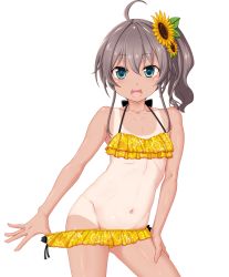 Rule 34 | 1girl, ahoge, bikini, bikini pull, blue eyes, brown hair, clothes pull, commentary, cowboy shot, flat chest, flower, frilled bikini, frills, groin, hair flower, hair ornament, halterneck, highres, hololive, looking at viewer, medium hair, natsuiro matsuri, natsuiro matsuri (hololive summer 2019), navel, one-piece tan, open mouth, pulled by self, seushiki (ponti-ron), side ponytail, simple background, smile, solo, standing, sunflower, sunflower hair ornament, swimsuit, tan, tanline, transparent background, virtual youtuber, white background, yellow bikini