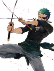 Rule 34 | 1boy, belt, boots, eyepatch, fighting stance, frown, green hair, male focus, mouth hold, one-eyed, one piece, pixiv id 539848, roronoa zoro, sash, simple background, solo, sword, triple wielding, weapon