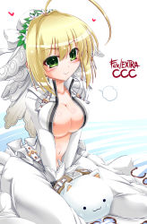 Rule 34 | 10s, 1girl, ahoge, areola slip, belt, blonde hair, blush, bodysuit, breasts, bridal veil, buckle, center opening, cleavage, copyright name, dress, fate/extra, fate/extra ccc, fate (series), flower, green eyes, heart, hisame genta, large breasts, legs, navel, nero claudius (bride) (fate), nero claudius (fate), nero claudius (fate) (all), sitting, smile, solo, thighs, unzipped, veil, zipper
