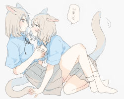 Rule 34 | 2girls, animal ears, black ribbon, blue shirt, blush, book, cat ears, cat girl, cat tail, closed mouth, commentary request, eye contact, full body, girl on top, grey background, grey hair, grey skirt, holding, holding book, inutose, kneeling, looking at another, medium hair, multiple girls, neck ribbon, original, pleated skirt, ribbon, school uniform, shirt, short sleeves, simple background, sitting, skirt, socks, speech bubble, sweatdrop, tail, tail wagging, translation request, white legwear, yuri
