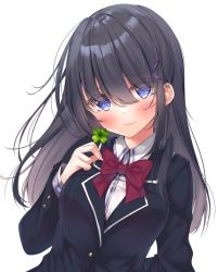 Rule 34 | 1girl, black hair, black jacket, blazer, blue eyes, blush, bow, breasts, closed mouth, clover, collared shirt, commentary request, dress shirt, four-leaf clover, hair between eyes, hair ornament, hairclip, hand up, holding, jacket, ko yu, long hair, long sleeves, looking at viewer, medium breasts, original, red bow, school uniform, shirt, simple background, smile, solo, upper body, white background, white shirt