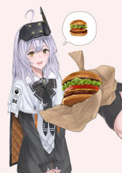 Rule 34 | 2girls, absurdres, ahoge, blush, burger, cheese, cloak, drooling, female pov, food, gloves, goddess of victory: nikke, head-mounted display, highres, holding, holding food, imagining, jacket, lettuce, long hair, long sleeves, looking at viewer, multiple girls, nagato tsumugu, open mouth, pov, pov hands, red hood (nikke), snow white (innocent days) (nikke), snow white (nikke), thought bubble, tomato, tomato slice, white cloak, white hair, yellow eyes
