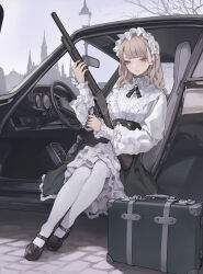Rule 34 | 1girl, absurdres, bare tree, black footwear, blonde hair, bow, brown eyes, brown hair, building, car, closed mouth, day, dress, earrings, frilled dress, frilled sleeves, frills, green skirt, gun, hair ornament, headdress, headwear request, highres, holding, holding gun, holding weapon, jewelry, koh (minagi kou), lamppost, light brown hair, lolita fashion, long hair, long sleeves, looking at viewer, maid, maid headdress, mary janes, motor vehicle, neck ribbon, original, outdoors, pantyhose, puffy sleeves, ribbon, rifle, shirt, shoes, shotgun, sitting, skirt, sky, solo, sports car, steering wheel, suitcase, tree, weapon, white pantyhose, white shirt, winchester model 1887