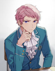 Rule 34 | 1boy, :|, ascot, blue jacket, closed mouth, ensemble stars!, hand on own face, highres, itsuki shu, jacket, kaminokefusa, light blush, looking at viewer, male focus, pink hair, purple eyes, school uniform, shirt, short hair, simple background, solo, table, upper body, v-shaped eyebrows, white ascot, white background, white shirt, yumenosaki school uniform