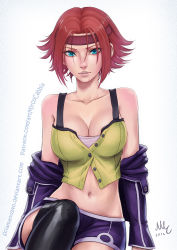 Rule 34 | 1girl, aqua eyes, artist name, bare shoulders, black thighhighs, breasts, buttons, cleavage, code geass, collarbone, commentary, dated, english commentary, headband, highres, italian commentary, jacket, kouzuki kallen, large breasts, lips, looking at viewer, midriff, mixed-language commentary, navel, nose, nostrils, off shoulder, open clothes, order of the black knights uniform, paid reward available, purple jacket, purple shorts, red hair, sciamano240, shiny clothes, shiny legwear, short hair, short shorts, shorts, signature, simple background, sleeveless, solo, stomach, thighhighs, watermark, web address, white background
