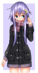 Rule 34 | 10s, 1girl, blue eyes, blush, coat, crescent, crescent hair ornament, framed, hair ornament, twirling hair, highres, kantai collection, long hair, long sleeves, mizushina minato, outside border, purple hair, scarf, scarf over mouth, short hair with long locks, solo, standing, winter clothes, winter coat, yayoi (kancolle)