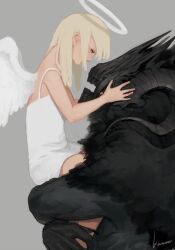 Rule 34 | 1boy, 1girl, angel, angel wings, bare arms, bare shoulders, black fur, black nails, black sclera, black skin, blank eyes, blonde hair, carrying, child carry, colored sclera, colored skin, commentary, contrast, covered mouth, curled horns, demon horns, dress, face-to-face, facing another, from side, grey background, halo, hand on another&#039;s face, hands up, height difference, highres, horns, kaname (emanalc), long hair, monster boy, open mouth, original, profile, simple background, sleeveless, sleeveless dress, white dress, white wings, wings