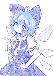 Rule 34 | 1girl, aqua hair, bandaid, bandaid on cheek, bandaid on face, blue bow, blue shirt, blue skirt, blush, bow, cirno, collared shirt, commentary, hair bow, hands on own hips, highres, ice, ice wings, looking at viewer, neck ribbon, one-hour drawing challenge, puffy short sleeves, puffy sleeves, ribbon, shirt, short hair, short sleeves, skirt, solo, tatutaniyuuto, touhou, wings