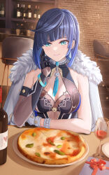 Rule 34 | 1girl, alcohol, asymmetrical gloves, black gloves, blue hair, blush, bottle, breasts, closed mouth, cup, diagonal bangs, food, genshin impact, gloves, green eyes, hand up, highres, indoors, large breasts, looking at viewer, mismatched gloves, mitsukayurie, mole, mole on breast, pizza, short hair, smile, solo, upper body, white gloves, wine, yelan (genshin impact)
