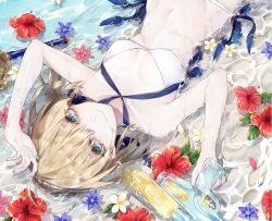Rule 34 | 1girl, arm up, artoria pendragon (all), artoria pendragon (fate), artoria pendragon (swimsuit archer) (fate), artoria pendragon (swimsuit archer) (first ascension) (fate), bad id, bad pixiv id, bikini, blonde hair, blue flower, blue ribbon, breasts, cleavage, day, excalibur (fate/stay night), fate/grand order, fate (series), flower, from above, green eyes, green nails, gun, hair between eyes, halterneck, hibiscus, holding, holding gun, holding weapon, looking at viewer, lying, medium breasts, mirage papillon, nail polish, on back, outdoors, red flower, ribbon, saber (fate), short hair, smile, solo, swimsuit, water, water gun, weapon, white bikini, white flower