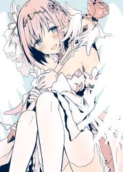 Rule 34 | 1girl, angel wings, bare shoulders, blue background, blue eyes, blush, breasts, cleavage, collarbone, commentary, detached collar, detached sleeves, dress, eyelashes, flower, gloves, hair flower, hair ornament, hairband, hands up, highres, holding, holding staff, knees up, legs together, long sleeves, looking at viewer, medium breasts, open mouth, pink dress, pink hair, pleated dress, princess connect!, short hair, sidelocks, simple background, sitting, solo, staff, strapless, strapless dress, thighhighs, twitter username, white thighhighs, wide sleeves, wings, yu yu, yui (princess) (princess connect!), yui (princess connect!)
