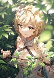 Rule 34 | 1girl, bare shoulders, blonde hair, breasts, cleavage, closed mouth, flower, genshin impact, hair flower, hair ornament, large breasts, leaf, looking at viewer, lumine (genshin impact), medium hair, outdoors, silence girl, smile, solo, upper body, vegetation, yellow eyes