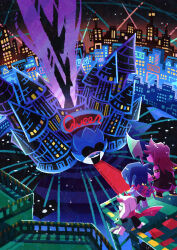 Rule 34 | 1boy, 1girl, 1other, absurdres, animal ears, black jacket, blue hair, blue skin, building, cape, castle, city, city lights, cityscape, colored skin, commentary request, deltarune, dress, facing away, from above, glasses, goat boy, goat ears, goat horns, green dress, highres, horns, jacket, kris (deltarune), medium hair, night, outdoors, pink cape, pink scarf, pink skin, purple hair, railing, ralsei, red carpet, round eyewear, scarf, scenery, short hair, sitting, sleeveless, sleeveless jacket, standing, susie (deltarune), watawata22, wide shot