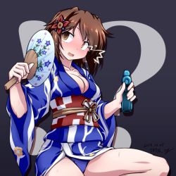 Rule 34 | !?, 1girl, 547th sy, text background, black background, blue panties, blush, bottle, breasts, brown eyes, brown hair, cleavage, dated, floral print, flower, furutaka (kancolle), glowing, glowing eye, hair flower, hair ornament, hand fan, highres, holding, japanese clothes, kantai collection, kimono, open mouth, panties, paper fan, ramune, sash, short hair, signature, solo, underwear, wide sleeves, yukata
