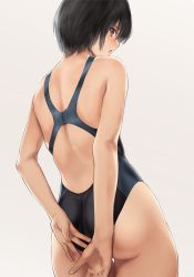 Rule 34 | 1girl, amagami, ass, back, black eyes, black hair, black one-piece swimsuit, bob cut, commentary request, competition swimsuit, covering privates, covering ass, cowboy shot, from behind, grey background, highres, looking at viewer, looking back, nanasaki ai, one-piece swimsuit, serizawa (serizawaroom), simple background, solo, swimsuit, thigh gap