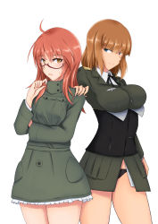 Rule 34 | absurdres, ahoge, black panties, blue eyes, blush, brave witches, breasts, brown hair, closed mouth, glasses, gundula rall, highres, isosceles triangle (xyzxyzxyz), large breasts, luminous witches, military, military uniform, open mouth, panties, red hair, simple background, small breasts, smile, standing, sweat, sylvie cariello, underwear, uniform, white background, world witches series, yellow eyes
