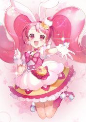 Rule 34 | 10s, 1girl, :d, animal ears, boots, rabbit ears, cure whip, earrings, extra ears, gloves, hair ornament, highres, kirakira precure a la mode, long hair, looking at viewer, magical girl, momoshiki tsubaki, open mouth, pink background, pink eyes, pink footwear, pink hair, pom pom (clothes), pom pom earrings, precure, skirt, smile, solo, twintails, usami ichika, white gloves
