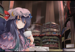 Rule 34 | 1girl, bad id, bad pixiv id, book, bookshelf, bow, crescent, cup, female focus, hat, letterboxed, library, long hair, nejime, patchouli knowledge, purple hair, solo, touhou, voile