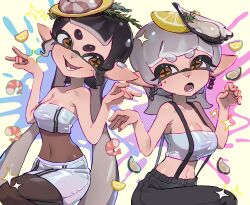 Rule 34 | 2girls, \m/, absurdres, bare shoulders, black hair, black pants, black pantyhose, blue tube top, blunt bangs, breasts, callie (splatoon), cleavage, commentary, ear piercing, fang, food, food on head, fruit, gradient hair, grey hair, hands up, highres, holographic clothing, inkling, lemon, lemon slice, looking at another, lower teeth only, marie (splatoon), medium breasts, medium hair, midriff, miniskirt, mole, mole under eye, multicolored hair, multiple girls, navel, nintendo, object on head, official alternate costume, official alternate hairstyle, open mouth, orange eyes, oyster, paint splatter, pants, pantyhose, pencil skirt, piercing, pointy ears, purple hair, short bangs, shrimp, sidelocks, skirt, small breasts, sparkle, splatoon (series), splatoon 3, star-shaped pupils, star (symbol), strapless, suspenders, symbol-only commentary, symbol-shaped pupils, teeth, tentacle hair, thick eyebrows, tube top, twintails, two-tone hair, usa go13, yellow background, zipper pull tab, zipper skirt