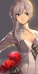 Rule 34 | 1girl, cleavage cutout, clothing cutout, collarbone, faux traditional media, flower, frown, highres, hojiro (piko519), looking to the side, rose, side ponytail, signature, grey eyes, silver hair, simple background, sinoalice, sketch, snow white (sinoalice), solo, upper body
