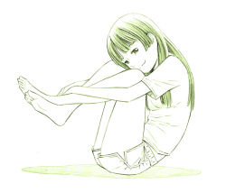 Rule 34 | 1girl, barefoot, feet, long hair, monochrome, original, shirt, shorts, sketch, soles, solo, t-shirt, traditional media, yoshitomi akihito
