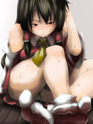 Rule 34 | 1girl, ascot, breasts squeezed together, breasts, brown eyes, brown hair, detached sleeves, dress, feet, female focus, foreshortening, hair tubes, hakurei reimu, hand in own hair, highres, ikkei dou, japanese clothes, miko, panties, pantyshot, red dress, red skirt, sitting, skirt, solo, sweat, touhou, underwear, upskirt, white panties