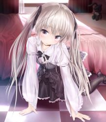 Rule 34 | 1girl, absurdres, all fours, bed, bed sheet, black pantyhose, brown eyes, checkered floor, cross, cross necklace, dress, floor, hair ribbon, high heels, highres, jewelry, kasugano sora, looking at viewer, necklace, pantyhose, ribbon, shoes, smile, solo, stuffed animal, stuffed rabbit, stuffed toy, twintails, wingheart, yosuga no sora