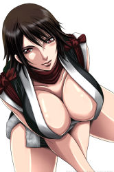 Rule 34 | 1girl, black hair, breast hold, breasts, cleavage, huge breasts, japanese clothes, large breasts, legs, lips, lipstick, looking at viewer, lucretia, makeup, ninja, red eyes, shiranui mai, short hair, simple background, sitting, smile, snk, solo, the king of fighters, thighs, white background