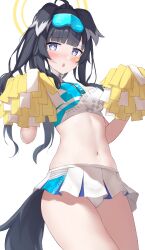 Rule 34 | 1girl, animal ears, black hair, blue archive, blue eyes, blush, breasts, cheerleader, clothes writing, cowboy shot, crop top, dog ears, dog girl, dog tail, eyewear on head, goggles, goggles on head, halo, hands up, hibiki (blue archive), hibiki (cheer squad) (blue archive), highres, holding, holding pom poms, long hair, looking at viewer, medium breasts, midriff, millennium cheerleader outfit (blue archive), miniskirt, navel, nyuu (pixiv12143565), official alternate costume, open mouth, paid reward available, panties, pleated skirt, pom pom (cheerleading), pom poms, ponytail, shirt, simple background, skirt, sleeveless, sleeveless shirt, solo, star sticker, sticker on face, tail, thighs, underwear, white background, white panties, white skirt, yellow halo