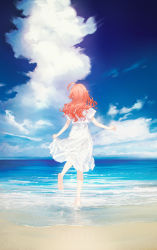 1girl absurdres ahoge barefoot beach blue_sky cloud day dress facing_away from_behind full_body fuyuno_yuuki highres hololive long_hair outdoors polka_dot polka_dot_dress red_hair sakura_miko short_sleeves skirt_hold sky solo standing standing_on_one_leg virtual_youtuber water white_dress