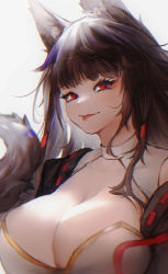 Rule 34 | 1girl, :p, absurdres, akagi (azur lane), animal ear fluff, animal ears, azur lane, black hair, blurry, breasts, cleavage, closed mouth, depth of field, e baishui, eyelashes, fox ears, fox girl, hair tubes, highres, large breasts, long hair, looking at viewer, off shoulder, purple hair, red eyes, ribbon trim, saliva, sidelocks, simple background, slit pupils, smile, solo, striped, tongue, tongue out, upper body, white background