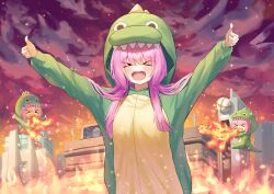Rule 34 | &gt; &lt;, 1girl, 3girls, absurdres, blush, bocchi the rock!, breath weapon, breathing fire, burning, chibi, city, commentary request, dinosaur costume, dinosaur hood, double thumbs up, fire, gotoh hitori, highres, hood, hood up, multiple girls, multiple persona, onesie, open mouth, outdoors, pink hair, solar torch, thumbs up, upper body