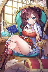 Rule 34 | 1girl, :3, ahoge, bad id, bad pixiv id, bare legs, blue eyes, blush, book, boots, bow, breasts, brown hair, cape, chyoling, cleavage, day, earrings, flask, gloves, hair bow, highres, ichinose shiki, idolmaster, idolmaster cinderella girls, indoors, jewelry, large breasts, crossed legs, long hair, looking at viewer, papers, pectorals, quill, scroll, sitting, smile, solo, test tube, twintails, two side up, wavy hair, white gloves, window