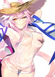 Rule 34 | 1girl, animal ear fluff, animal ears, bikini, bikini under clothes, blue bikini, breasts, cleavage, commentary, commentary request, cosplay, ears through headwear, fate/grand order, fate (series), fox ears, fox girl, fox tail, glasses, hat, koyanskaya (fate), large breasts, long hair, looking at viewer, p answer, pink hair, shirt, side-tie bikini bottom, solo, straw hat, swimsuit, tail, tamamo (fate), tamamo no mae (swimsuit lancer) (fate), tamamo no mae (swimsuit lancer) (fate) (cosplay), tamamo no mae (swimsuit lancer) (second ascension) (fate), very long hair, wet, wet clothes, wet shirt, yellow eyes