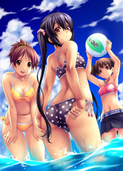 Rule 34 | 3girls, absurdres, adjusting clothes, adjusting swimsuit, arms up, ass, ball, beachball, belt, bikini, bikini skirt, black hair, breasts, brown eyes, brown hair, cloud, day, front-tie top, hands on thighs, highres, hirasawa ui, k-on!, long hair, looking at viewer, looking back, medium breasts, multiple girls, nagayori, nakano azusa, navel, o-ring, o-ring top, ocean, outdoors, parted lips, polka dot, polka dot bikini, polka dot swimsuit, ponytail, scrunchie, short hair, short twintails, side-tie bikini bottom, sky, small breasts, suzuki jun, swimsuit, tan, tanline, trefoil, twintails, wading, water, wet