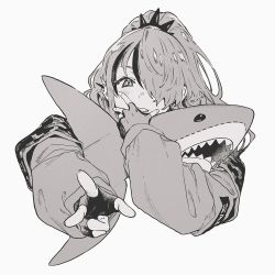Rule 34 | 1girl, ear piercing, fingerless gloves, gloves, greyscale, hair over one eye, highres, holding, holding stuffed toy, jacket, lain paterson, long hair, looking at viewer, monochrome, multicolored hair, nijisanji, one eye covered, parted lips, piercing, ponytail, portrait, sleeves past wrists, smile, solo, streaked hair, stuffed animal, stuffed shark, stuffed toy, ta0oxo0ma, v, virtual youtuber, white background