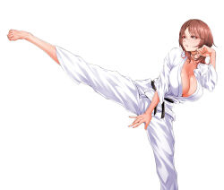 Rule 34 | 1girl, aho manten, barefoot, belt, black belt, breasts, brown eyes, brown hair, collarbone, commentary request, dougi, feet, fingernails, foot out of frame, hair between eyes, highres, karate, karate gi, kicking, large breasts, leg lift, medium hair, no bra, original, parted lips, solo, standing, standing on one leg, toenails, toes, white background