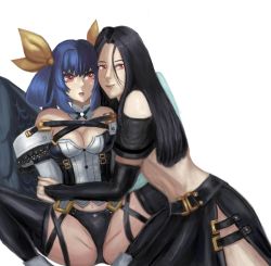 Rule 34 | 1boy, 1girl, angel wings, bare shoulders, black hair, black panties, blue hair, breasts, dizzy (guilty gear), guilty gear, guilty gear xrd, hair ribbon, highres, hug, long hair, looking at viewer, midriff, moontears, panties, red eyes, ribbon, spread legs, testament (guilty gear), thigh strap, thighhighs, underwear, wings