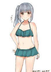 Rule 34 | 1girl, absurdres, bikini, bikini skirt, brown eyes, commentary request, contrapposto, cowboy shot, dated, green bikini, grey hair, groin, hand on own hip, highres, kantai collection, kasumi (kancolle), long hair, looking at viewer, one-hour drawing challenge, side ponytail, simple background, smile, solo, standing, swimsuit, tamako (sui 8931), twitter username, white background