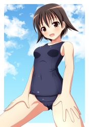 Rule 34 | 1girl, blue sky, brown hair, cameltoe, cloud, day, ki (kk-sk-ray), miyafuji yoshika, old school swimsuit, one-piece swimsuit, revision, school swimsuit, short hair, sky, solo, strike witches, swimsuit, world witches series