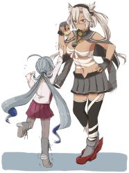 Rule 34 | 10s, 2girls, ahoge, bad id, bad twitter id, blonde hair, blue hair, breasts, budget sarashi, capelet, chrysanthemum, commentary request, dark-skinned female, dark skin, flower, food, glasses, gloves, grey hair, hand on own hip, height difference, kantai collection, kikumon, kiyoshimo (kancolle), large breasts, long hair, low twintails, miniskirt, multiple girls, musashi (kancolle), musashi kai (kancolle), navel, outstretched arm, pantyhose, pudding, reaching, red eyes, riz (ravel dc), sarashi, school uniform, short hair, skirt, spoon, tall, teasing, thighhighs, tiptoes, trembling, twintails, two side up, zettai ryouiki