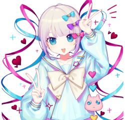 Rule 34 | 1girl, :d, absurdres, blonde hair, blue eyes, blue hair, blue nails, blue sailor collar, blue shirt, chouzetsusaikawa tenshi-chan, commentary, cot (co2cotton), double v, gradient hair, heart, highres, long hair, long sleeves, multicolored hair, multicolored nails, nail polish, neck ribbon, needy girl overdose, open mouth, pink hair, pink nails, purple hair, red heart, ribbon, sailor collar, sailor shirt, school uniform, serafuku, shirt, smile, solo, sparkle, symbol-only commentary, upper body, v, white background, yellow nails, yellow ribbon