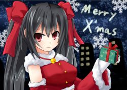 Rule 34 | 10s, 1girl, alternate costume, bell, black hair, bow, christmas, detached sleeves, female focus, gift, hair bow, hair ornament, highres, long hair, neptune (series), noire (neptunia), red eyes, sarvuant, smile, snowflakes, solo, star (symbol), twintails, very long hair