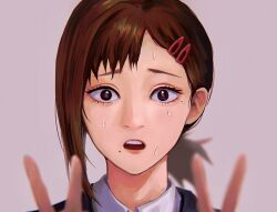 Rule 34 | 1girl, absurdres, asaki illust, blurry, blurry foreground, brown eyes, brown hair, chainsaw man, collared shirt, double v, hair ornament, hairclip, higashiyama kobeni, highres, jacket, looking at viewer, mole, mole under eye, mole under mouth, multiple moles, shirt, short ponytail, single sidelock, solo, suit jacket, sweat, v, white shirt