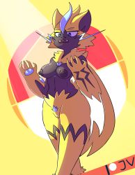 Rule 34 | 1girl, absurdres, animal ears, animal hands, blue eyes, body fur, breasts, cat ears, claws, cleft of venus, creatures (company), fangs, furry, game freak, gen 7 pokemon, highres, jv, legendary pokemon, mythical pokemon, nintendo, nipples, pokemon, pussy, slit pupils, source request, whiskers, yellow fur, zeraora