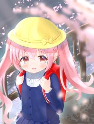 Rule 34 | 1girl, backpack, bag, blue jacket, blue skirt, blurry, blurry foreground, blush, bow, collared shirt, comic girls, commentary request, day, depth of field, dress shirt, fang, hair between eyes, hands up, hat, hat bow, jacket, long hair, moeta kaoruko, open mouth, outdoors, pink hair, pleated skirt, railing, randoseru, red eyes, school hat, shirt, siera (sieracitrus), skirt, solo, tears, twintails, very long hair, water, wavy mouth, white shirt, yellow bow, yellow hat