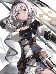Rule 34 | 1girl, armor, armored dress, bad id, bad pixiv id, belt, belt pouch, breasts, brown belt, chest belt, chest guard, cleavage cutout, closed mouth, clothing cutout, collared dress, dress, flag, green eyes, highres, hololive, large breasts, leather belt, masyu jyaga, pouch, puffy sleeves, shirogane noel, shirogane noel (1st costume), short dress, short hair, silver hair, simple background, solo, virtual youtuber, white background